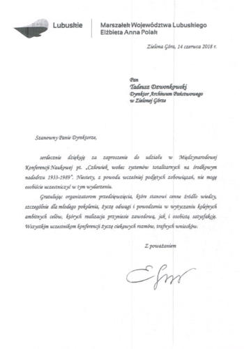 List od Marszałek Województwa Lubuskiego